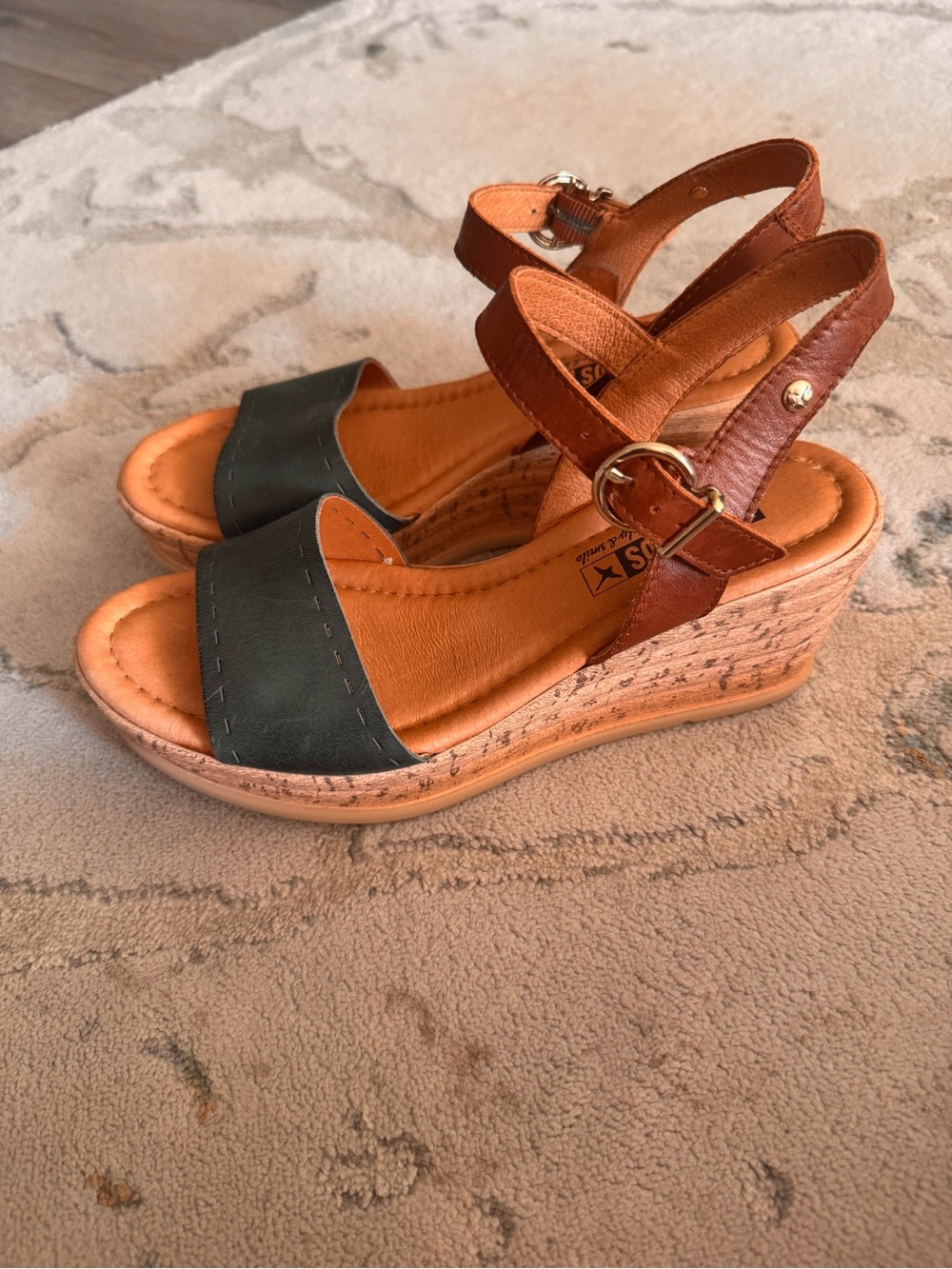 Pikolinos Cut-Out Wedge Sandals with Green Front and Brown Ankle Straps